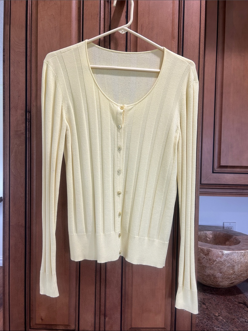 Light Yellow Ribbed Button-Front Women's Sweater